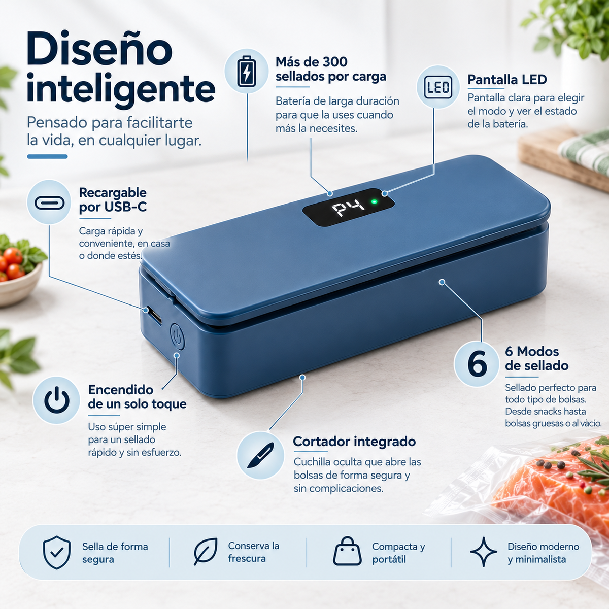 Sellador termico portatil azul - pantalla LED, USB-C, cortador integrado