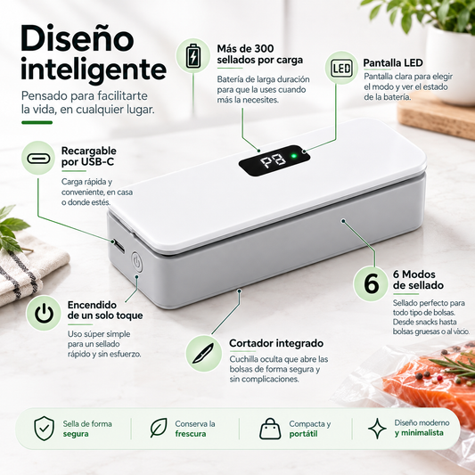 Sellador termico portatil blanco - pantalla LED, USB-C, cortador integrado